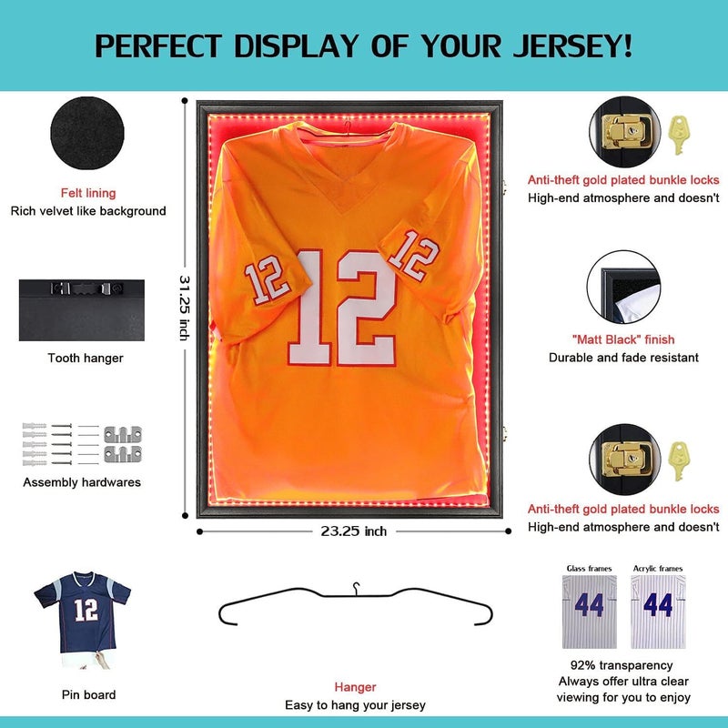 KCRasan LED Jersey Frame Display Case - Jersey case with led Lights - Large Lockable Frames Shadow Box with UV Protection for Baseball Basketball Football Soccer Hockey Sport Shirt, Black - Image 2